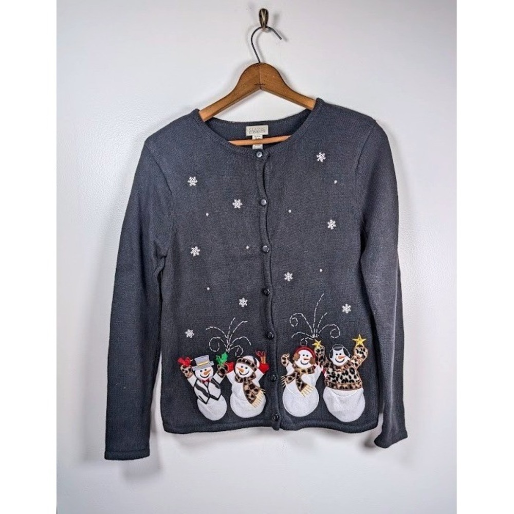 Classic Elements Snowman Cardigan Sweater Size Small Embroidered Beaded Granny